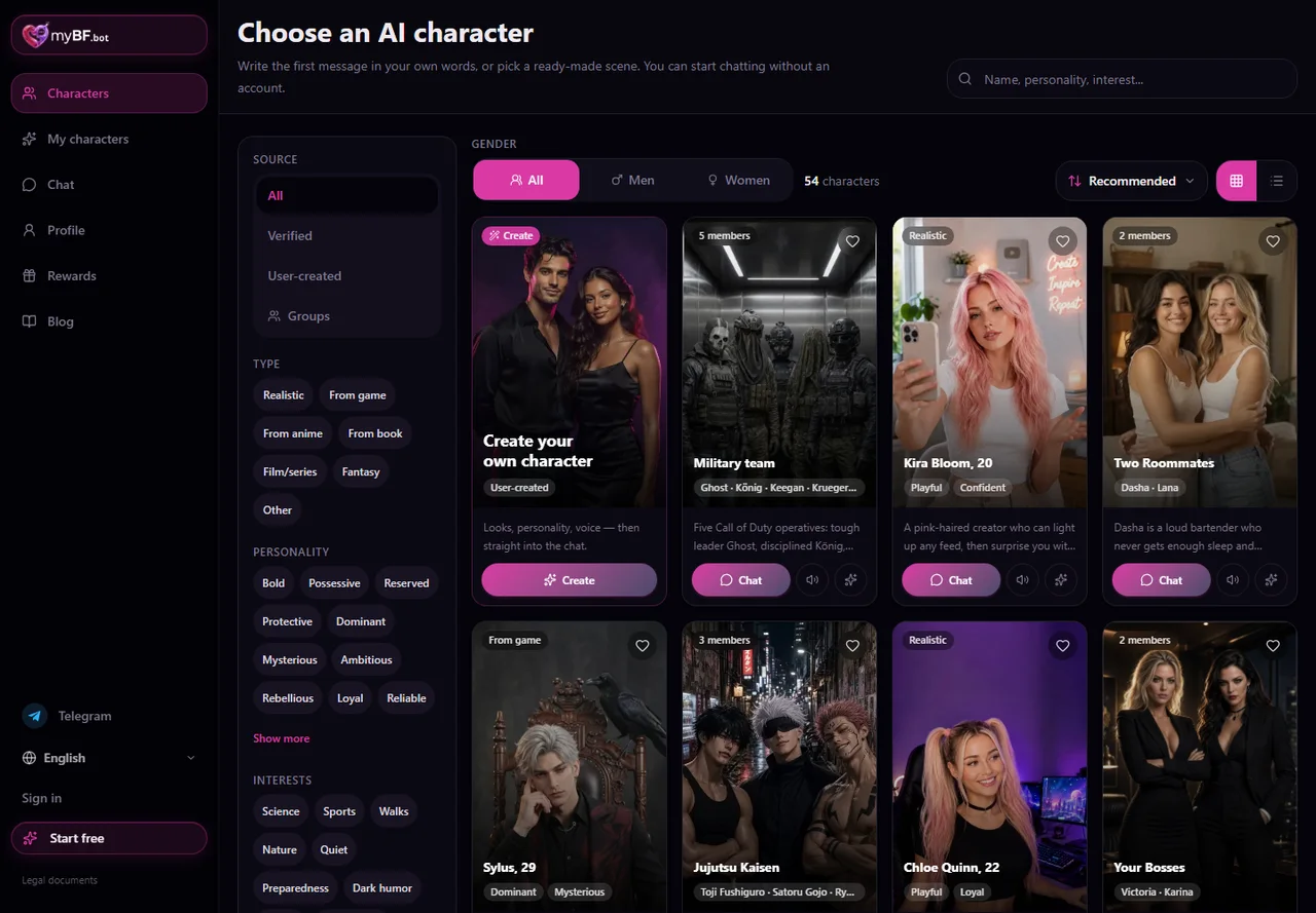 The mybf.bot AI character catalog with filters and character cards