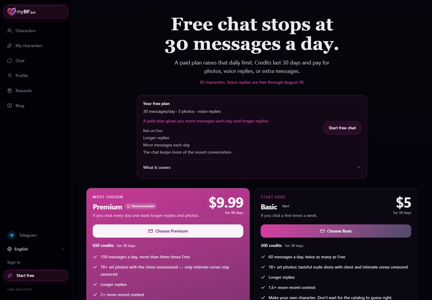 mybf.bot free plan limits and paid plans on the pricing page