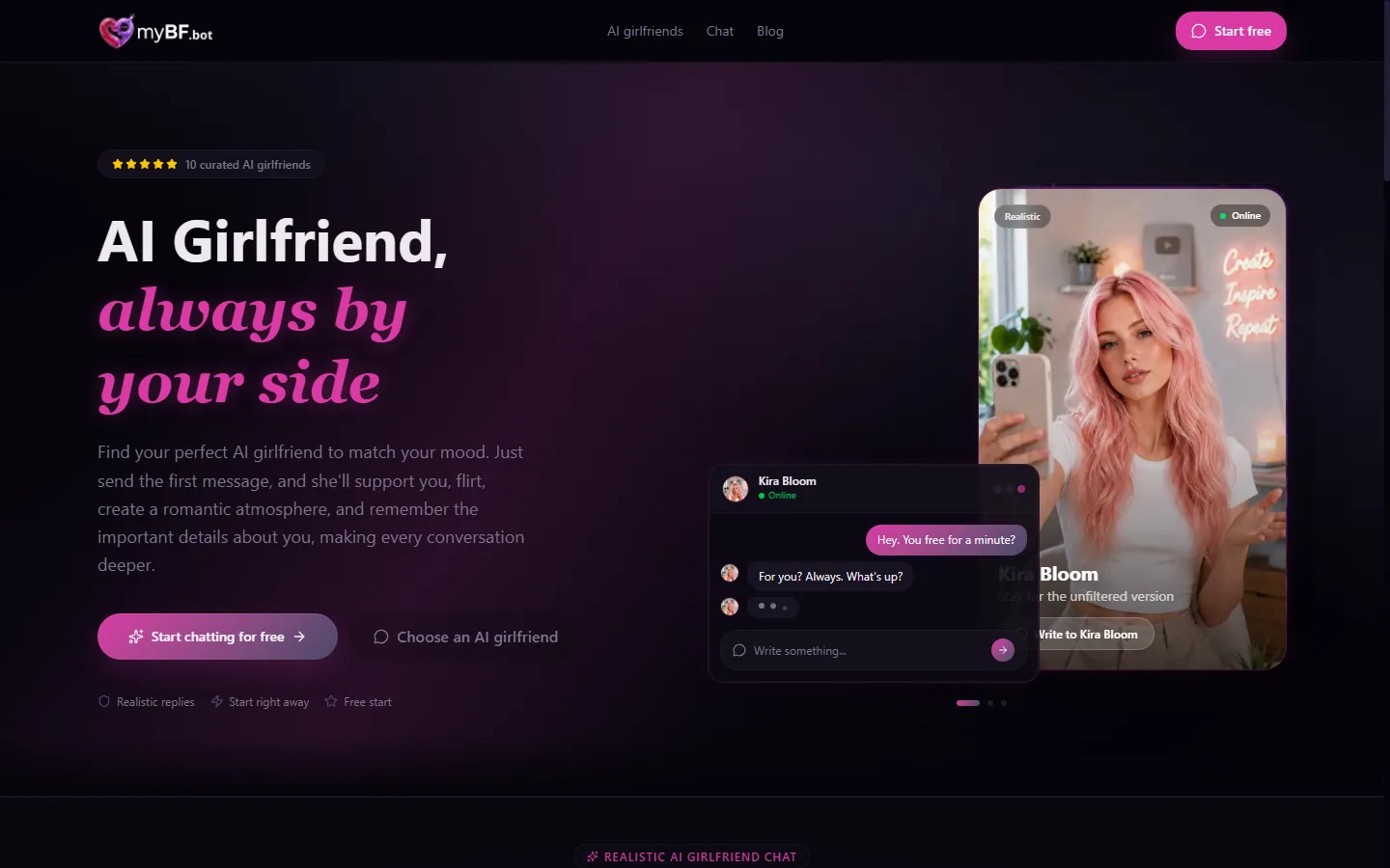 mybf.bot AI girlfriend page with female companion choices