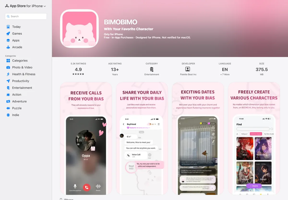 BIMOBIMO App Store listing from Palette Beat Inc with a 13+ age rating and language support shown as English plus seven more