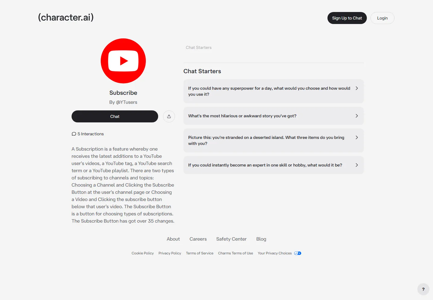 Character.AI character page with chat starters on the free tier