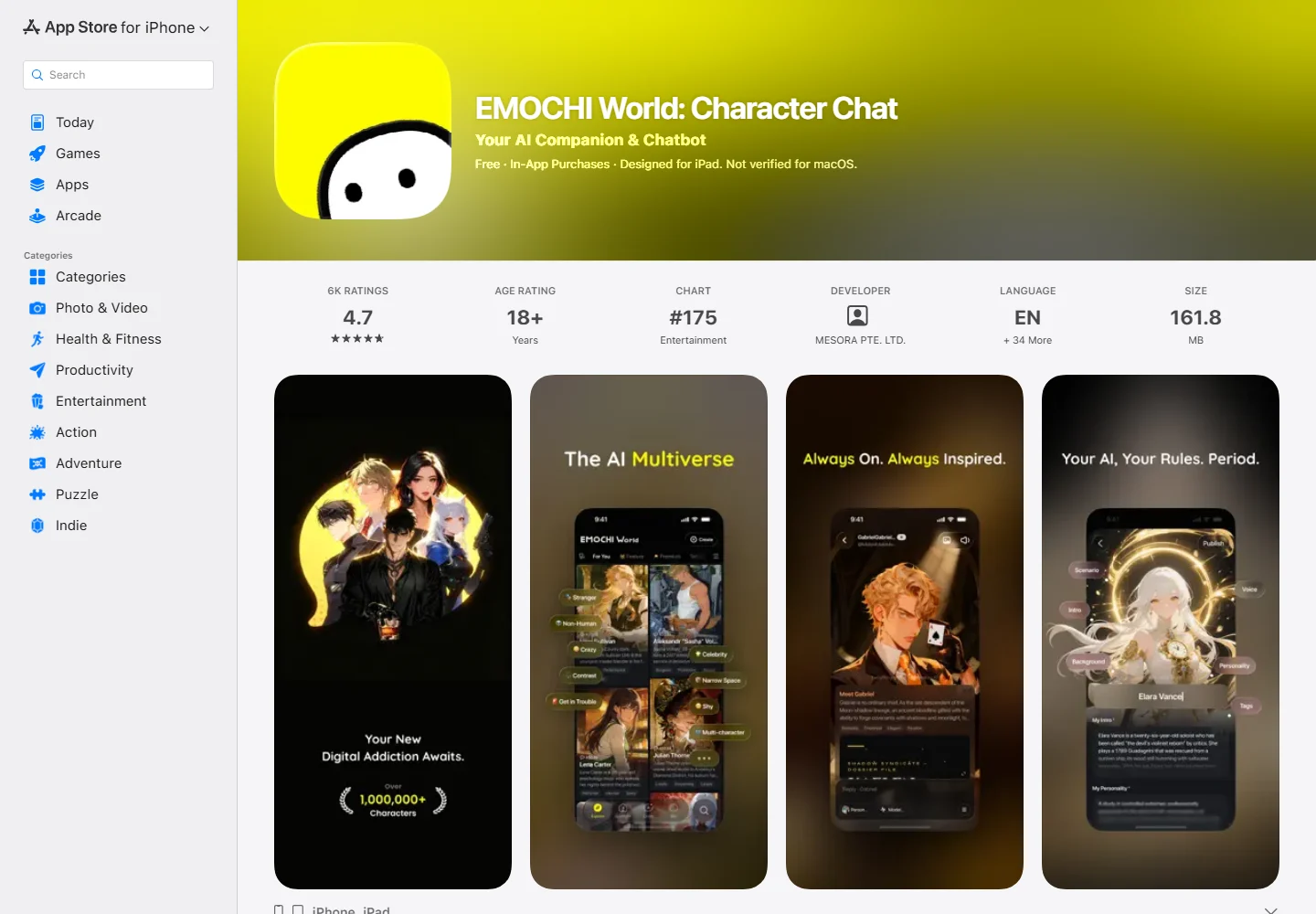 Emochi World App Store page showing the character catalog, age rating, and iOS features