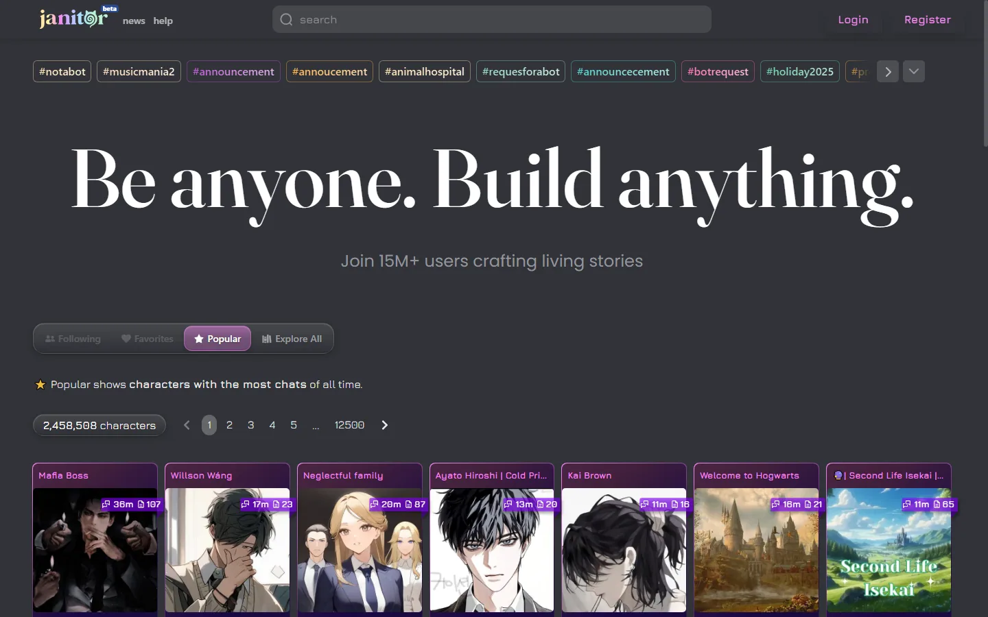 Janitor AI character catalog on the official website