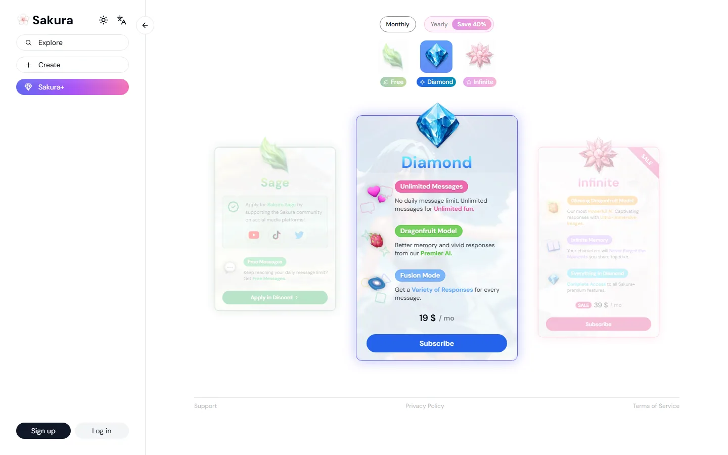 Sakura AI Free, Diamond, and Infinite plans