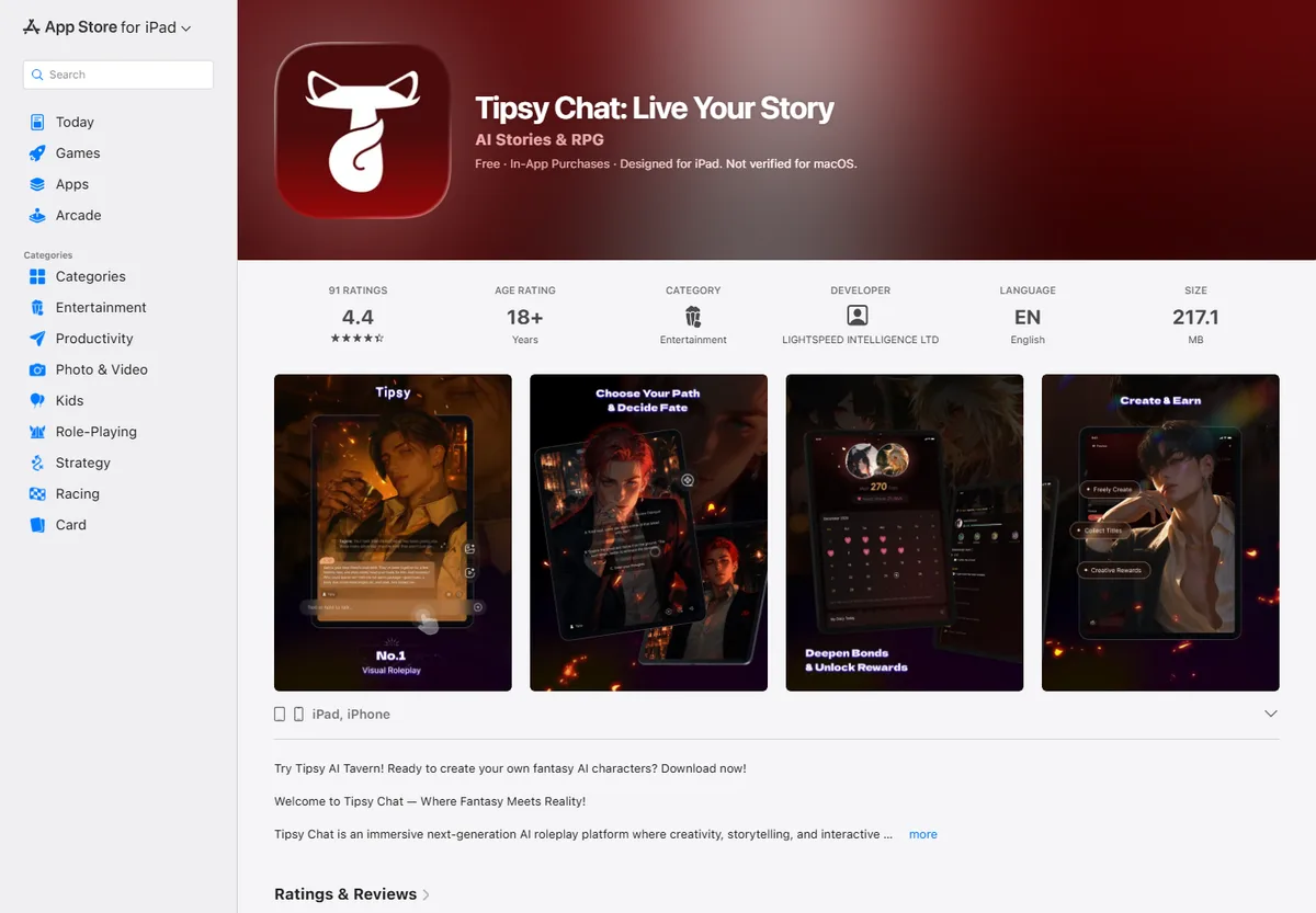 Tipsy Chat's App Store listing showing ScenePlay Mode and core features