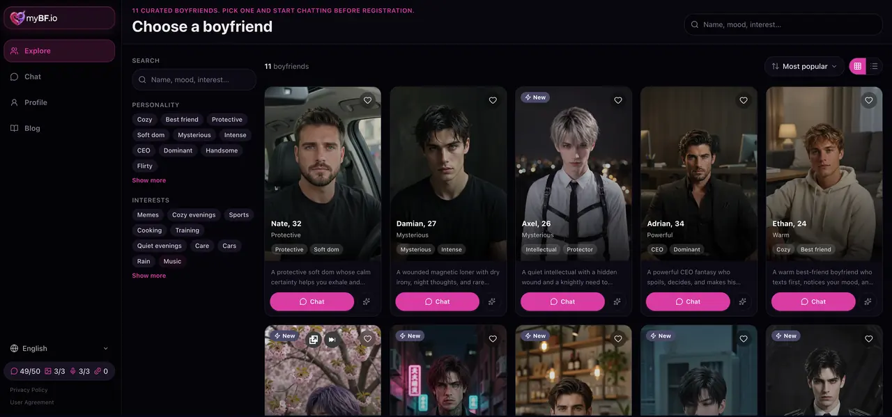 Male virtual boyfriend AI personalities