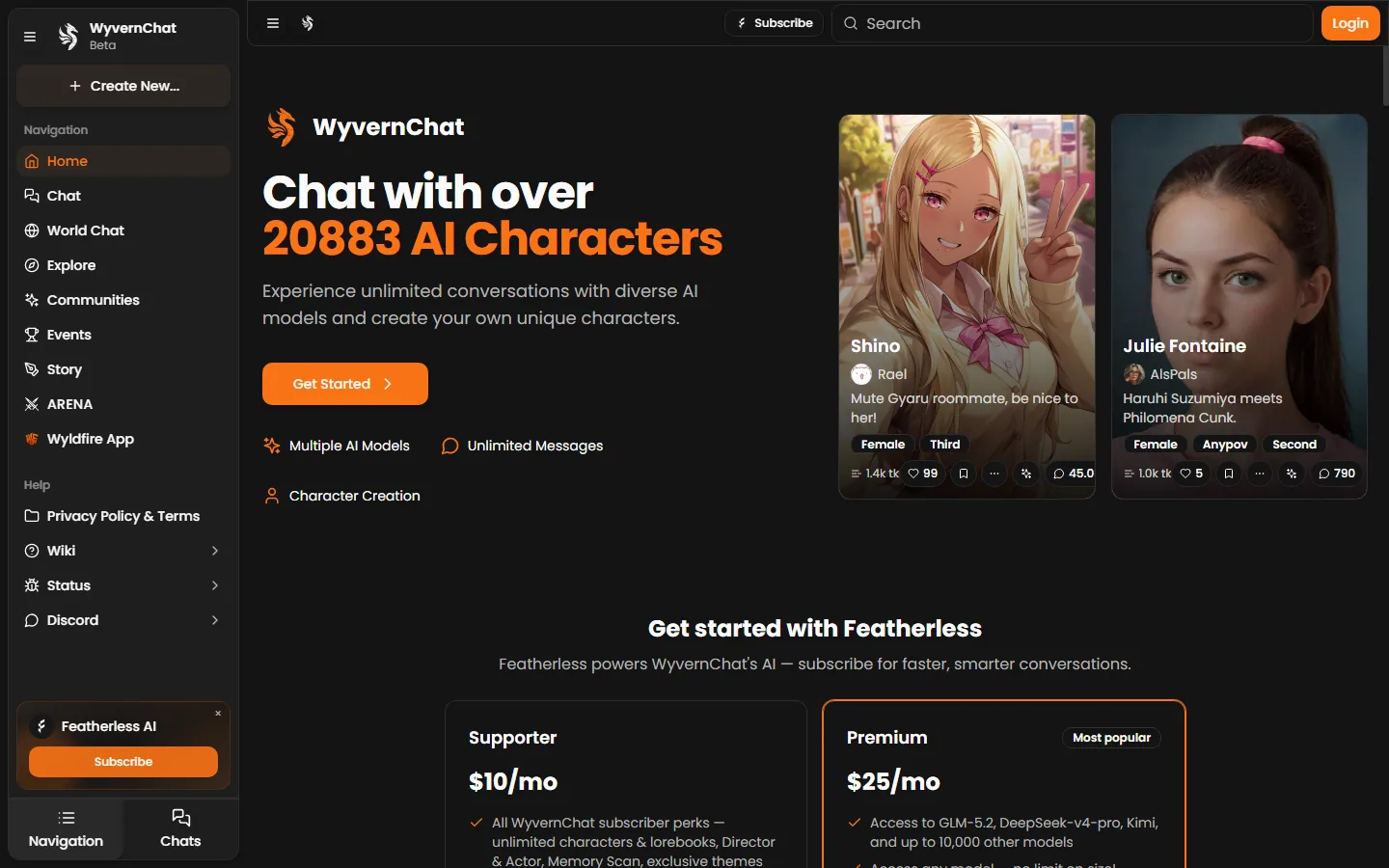 Wyvern Chat character catalog and model interface