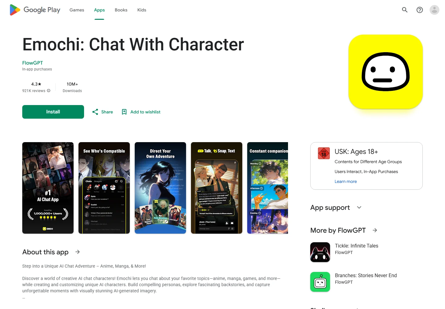 Tarjeta de Emochi en Google Play con creación de personajes, escenas de juego de rol e imágenes