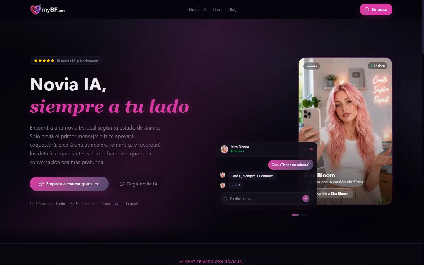 Página de novia IA de mybf.bot con opciones de compañeras