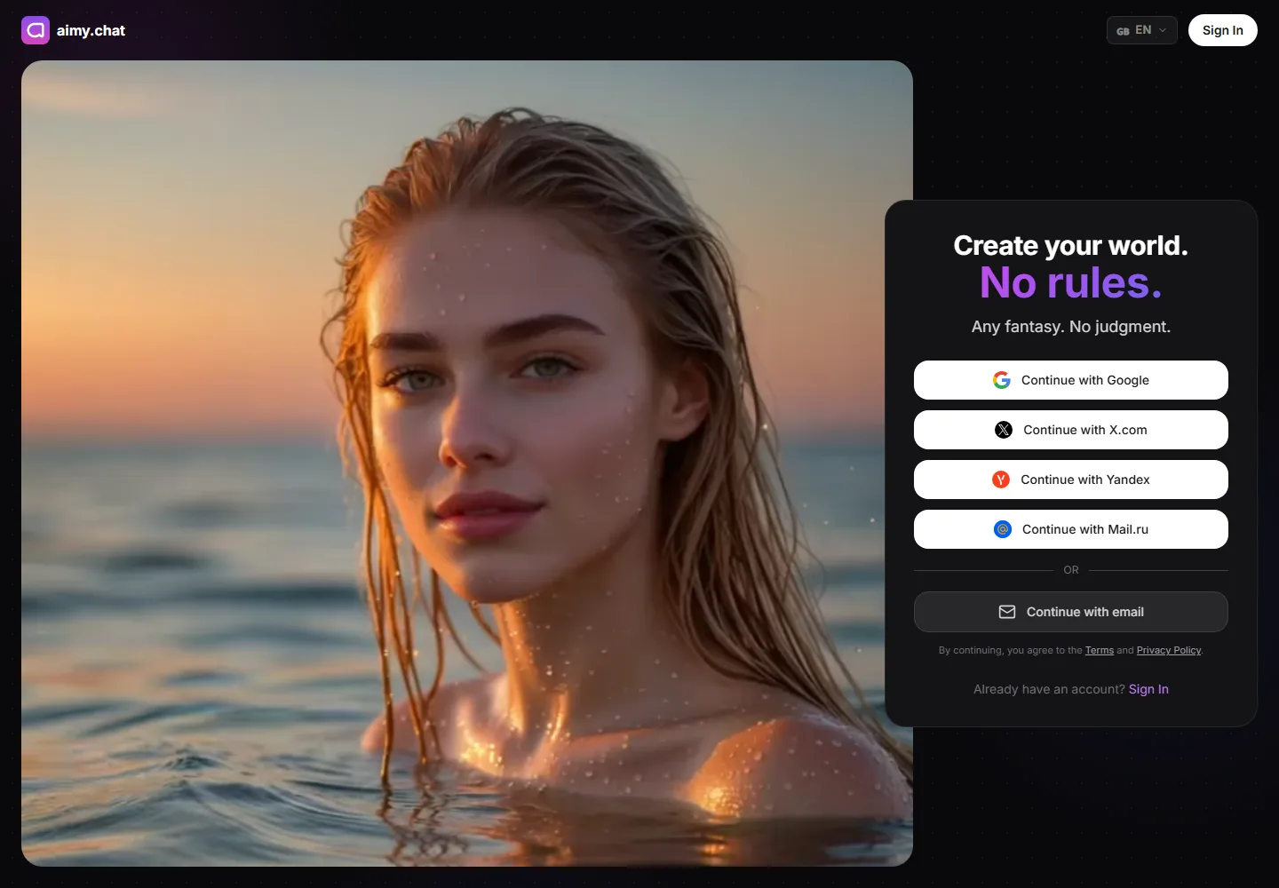 Стартовый экран aimy.chat с кнопками входа через Google, X.com, Яндекс и Mail.ru