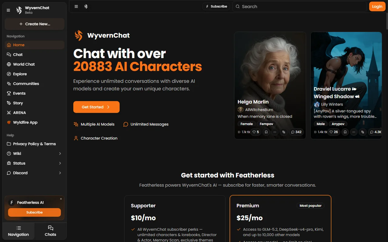 Главная страница Wyvern Chat с каталогом персонажей и моделями